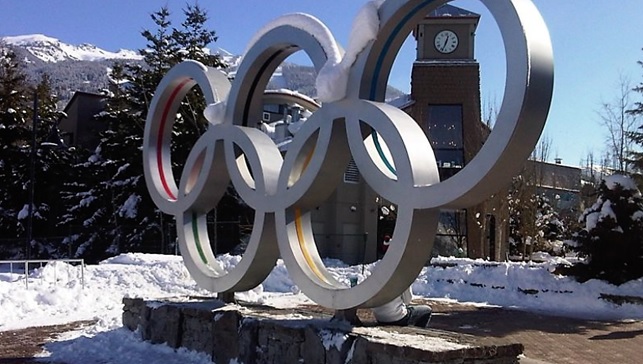 Olympic Games symbol in a snowed landscape