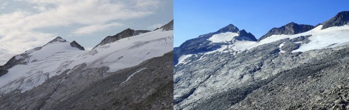 Photo 4. Photographic comparison of the Aneto glacier between 1982 and 2022: (left) photograph from 1982 (F. Biarge, DPH Photo Library) and (right) photograph from 2022 (I. Rico, CryoPyr).
